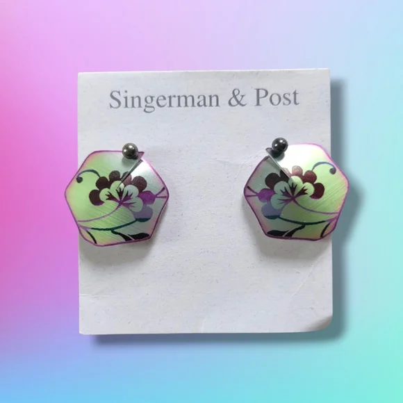 Singerman & Post | NWOT Handcrafted Green/Purple Floral Post Earrings - Picture 2 of 4
